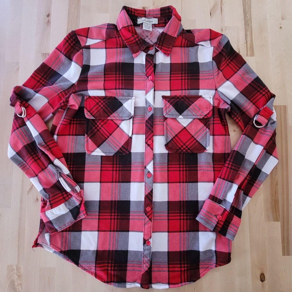 Women's Red Plaid Button Up Blouse Roll Tab Long Sleeve Western Cowgirl Size Sm